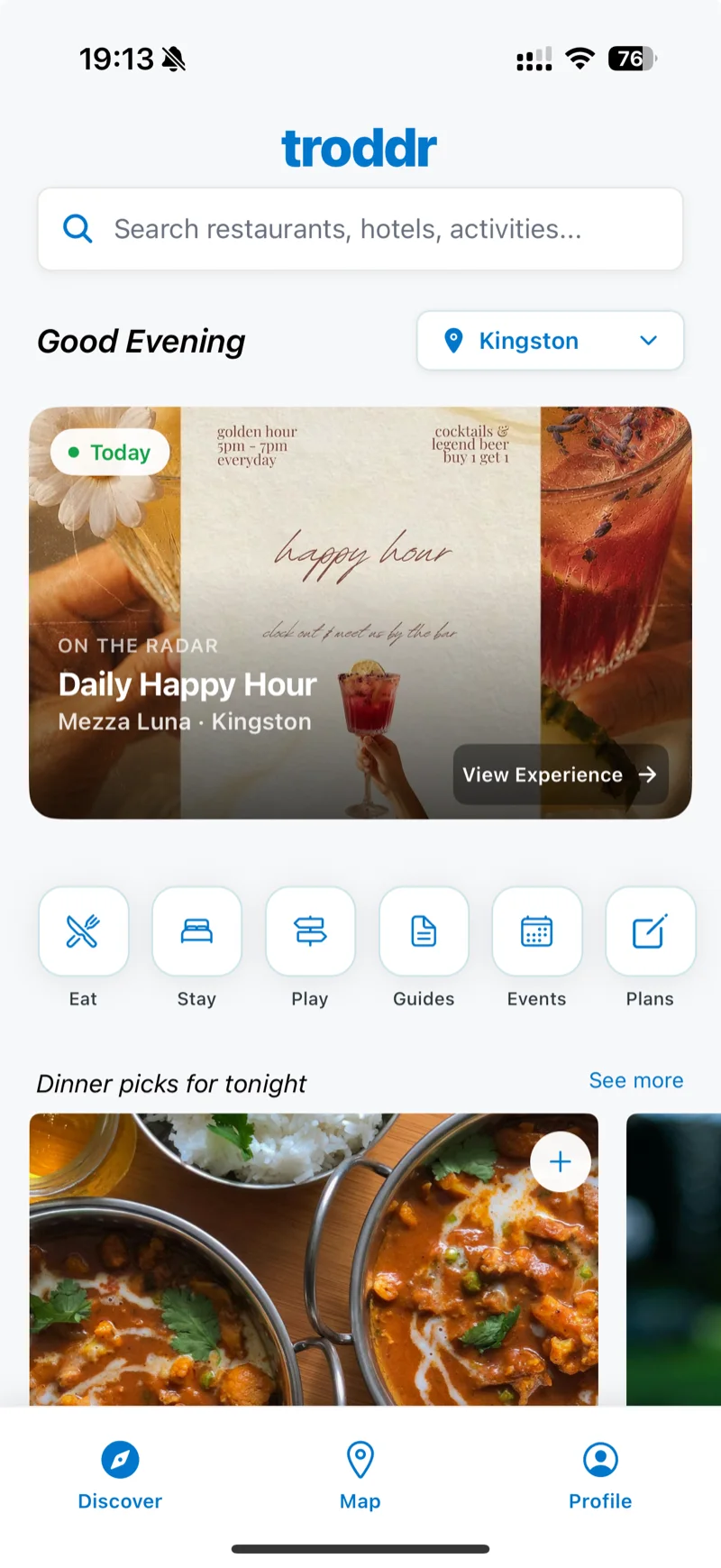 TRODDR app Discover screen showing Kingston recommendations, events and dining picks
